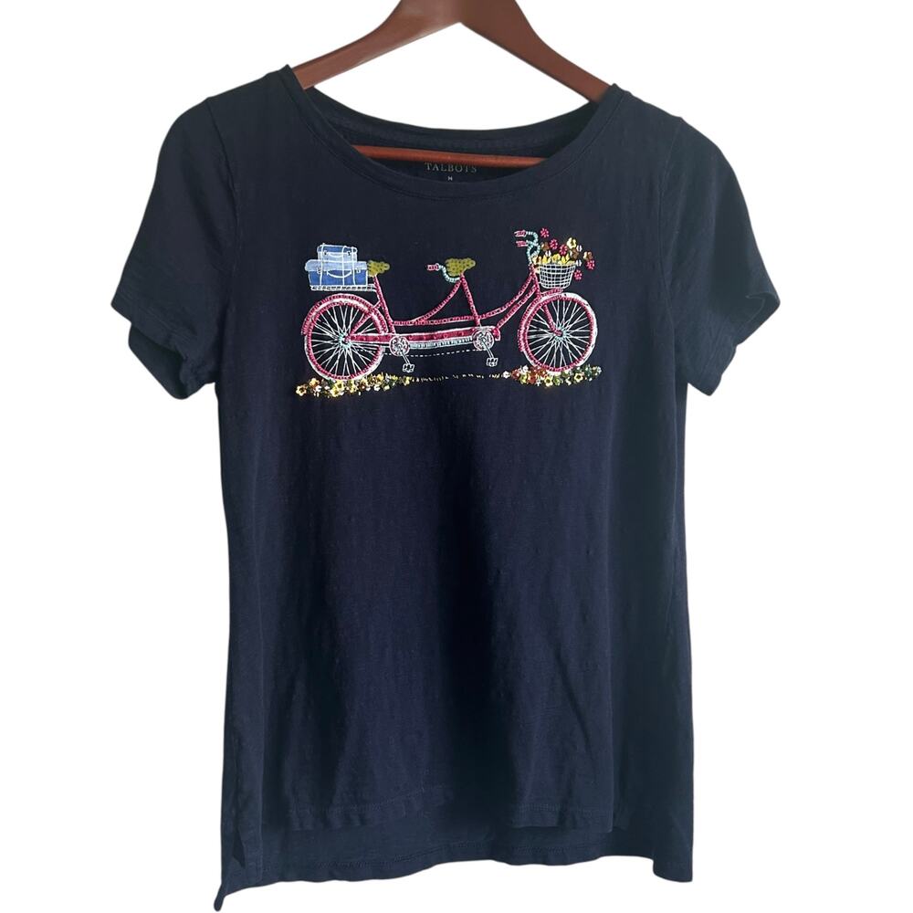 Talbots Women Top M Beaded Sequined Bicycle Novelty Tee Summer Resort Cruise